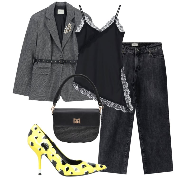 Outfit donna - La décolleté che si nota. Stile Glamour per Tutti i giorni. Abbinamento con décolleté, top, jeans dritti, blazer, borse a spalla.