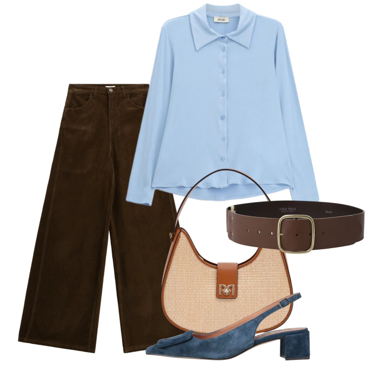 Outfit donna - Primavera. Stile Bon Ton per Tutti i giorni. Abbinamento con décolleté, camicie, cinture, pantaloni a palazzo, borse a spalla.