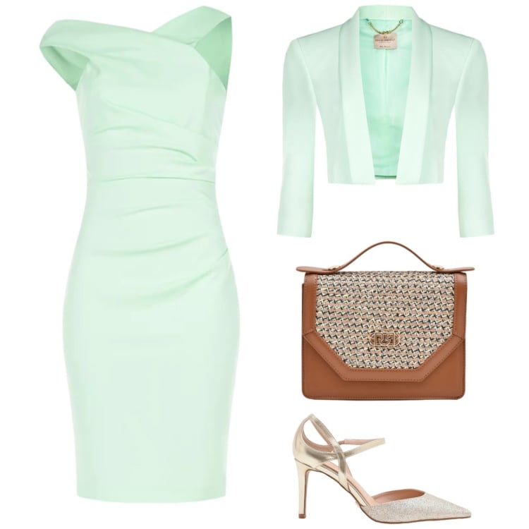 Outfit donna - Total look #2360587. Stile Chic per Cerimonia. Abbinamento con vestiti asimmetrici, pochette, décolleté, bolero.