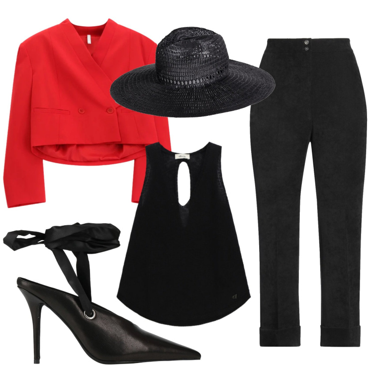 Outfit donna - Total look #2360589. Stile Chic per Cerimonia. Abbinamento con pantaloni, cappelli, décolleté, blazer, top.