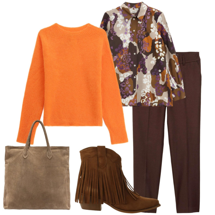 Outfit donna - Stivaletti con frange. Stile Trendy per Tutti i giorni. Abbinamento con pantaloni, stivaletti texani, maglieria, camicie, borse a mano.