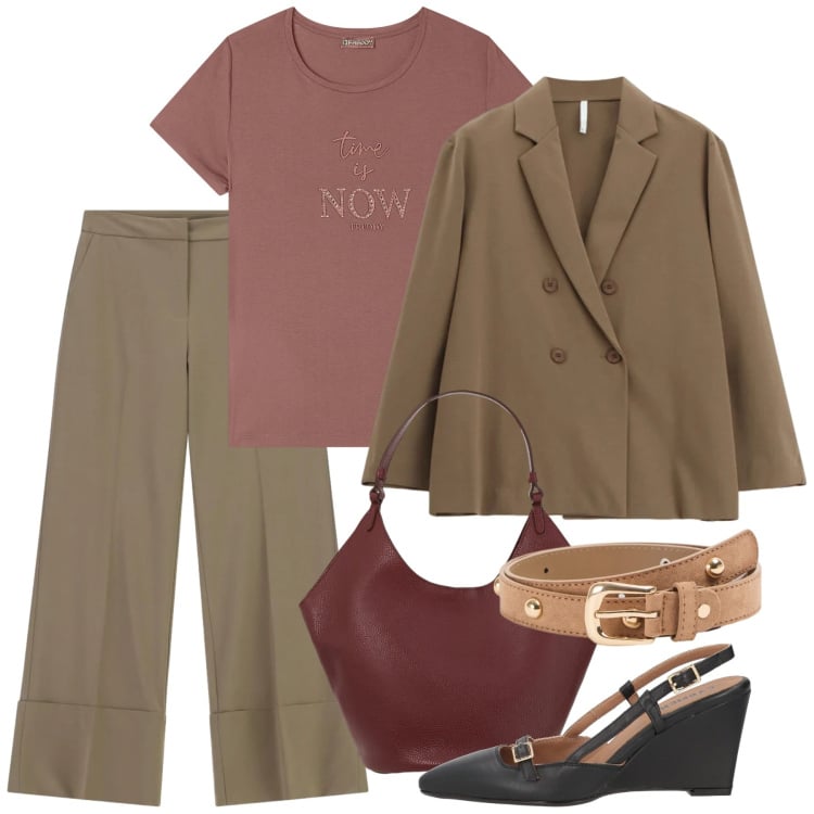 Outfit donna - Marzo. Stile Bon Ton per Tutti i giorni. Abbinamento con décolleté, cinture, blazer, pantaloni a palazzo, borse a spalla, t-shirt.