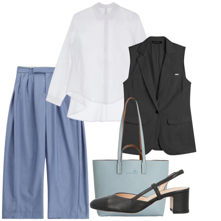 Outfit donna - Primavera. Stile Bon Ton per Ufficio. Abbinamento con décolleté, shopping bag, camicie, pantaloni a palazzo, gilet.