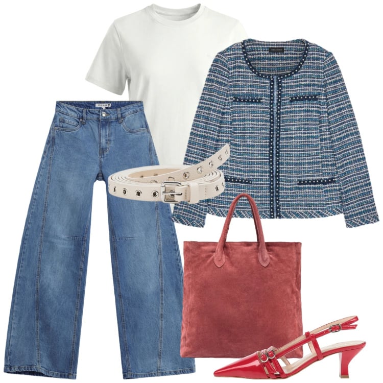 Outfit donna - Jeans e giacca Chanel styke. Stile Bon Ton per Tutti i giorni. Abbinamento con décolleté, t-shirt, cinture, blazer, jeans, borse a mano.