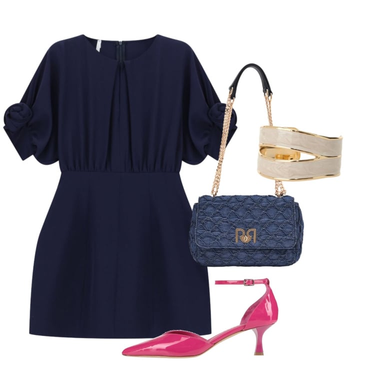 Outfit donna - Cerimonia in blu. Stile Chic per Cerimonia. Abbinamento con décolleté, vestiti corti, anelli, borse a spalla.
