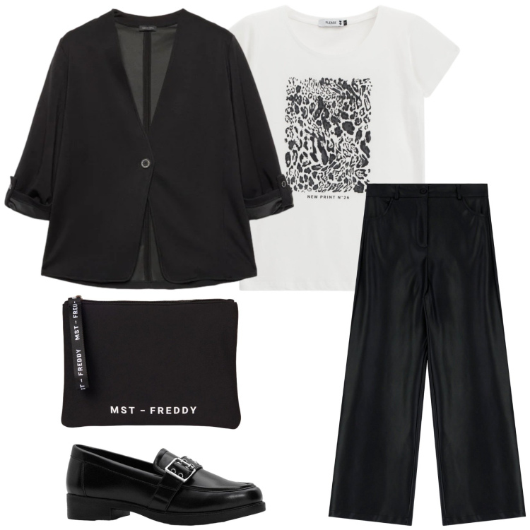 Outfit donna - Total look #2360603. Stile Minimal per Tutti i giorni. Abbinamento con mocassini, blazer, pantaloni a palazzo, t-shirt, pochette.