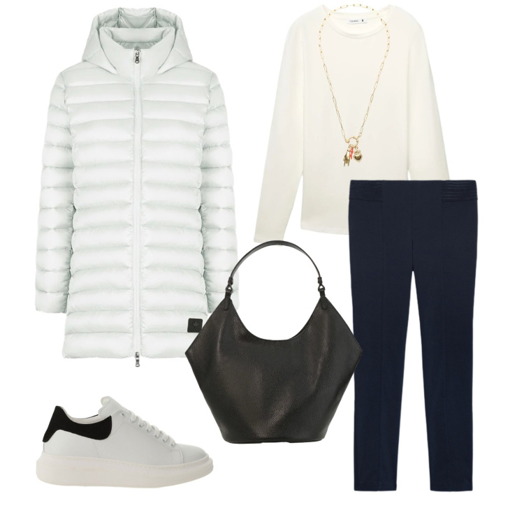 Outfit donna - Total look #2360605. Stile Casual per Tutti i giorni. Abbinamento con t-shirt, sneakers, jeggings, borse a spalla, ciondoli, piumini.