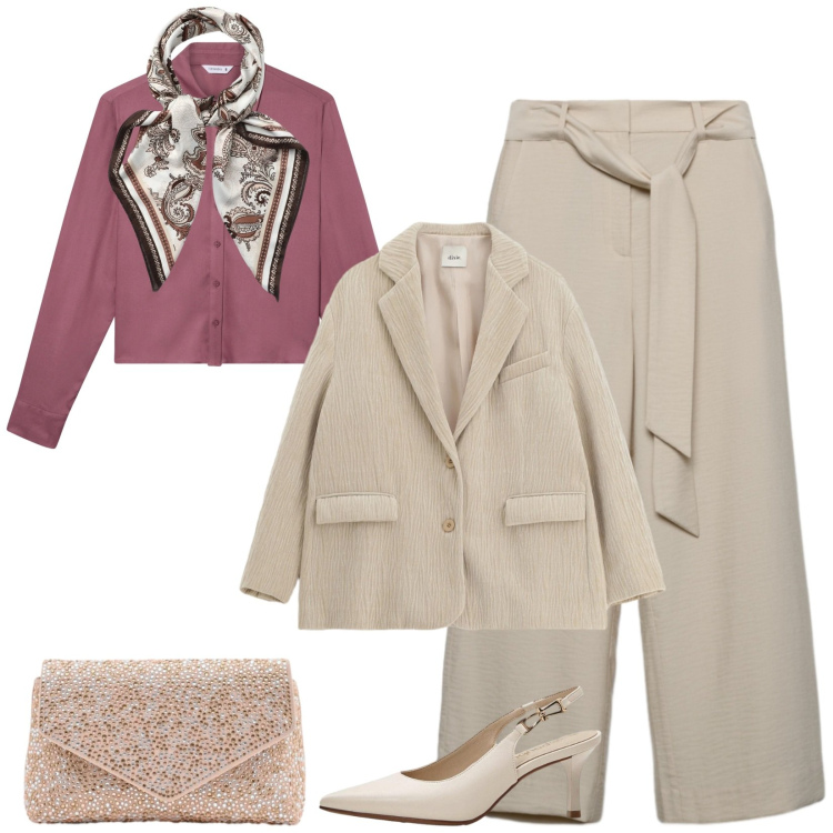 Outfit donna - Total look #2360610. Stile Bon Ton per Cerimonia. Abbinamento con décolleté, camicie, foulard, pantaloni a palazzo, blazer, pochette.