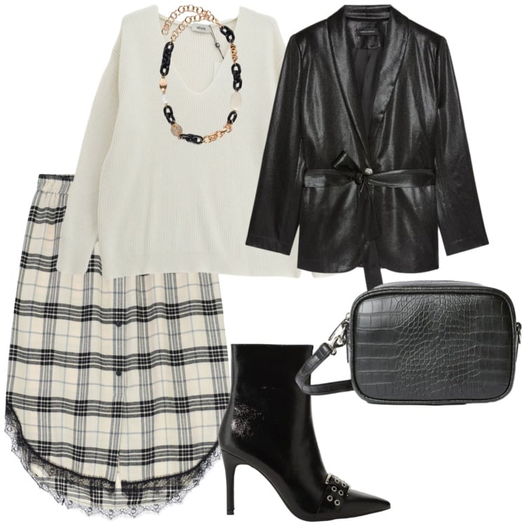 Outfit donna - Pranzo in piazza. per Mare. Abbinamento con stivaletti, blazer, collane, borse a tracolla, gonne, maglieria.