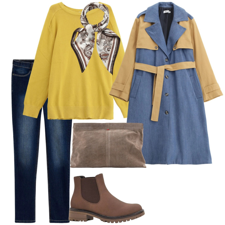 Outfit donna - Una fresca giornata di primavera. per Tutti i giorni. Abbinamento con jeggings, stivaletti, foulard, pullovers, trench, pochette.