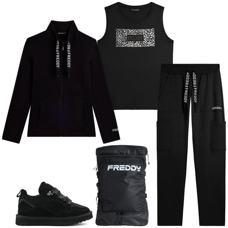 Outfit donna - Total look #2360620. Stile Sporty chic per Sport. Abbinamento con pantaloni, felpe, zaini, top, sneakers alte.