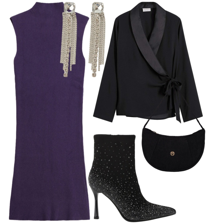 Outfit donna - Metti una cena fuori. per Serata fuori. Abbinamento con blazer, stivaletti, vestiti midi/longuette, orecchini, borse a mano.