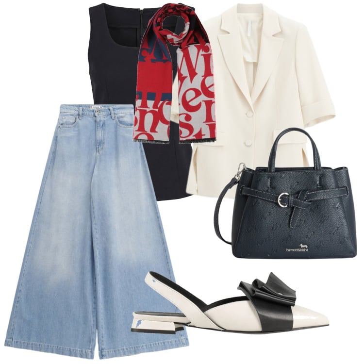 Outfit donna - Le belle giornate. per Tutti i giorni. Abbinamento con sciarpe, ballerine, borse a mano, top, blazer, jeans.