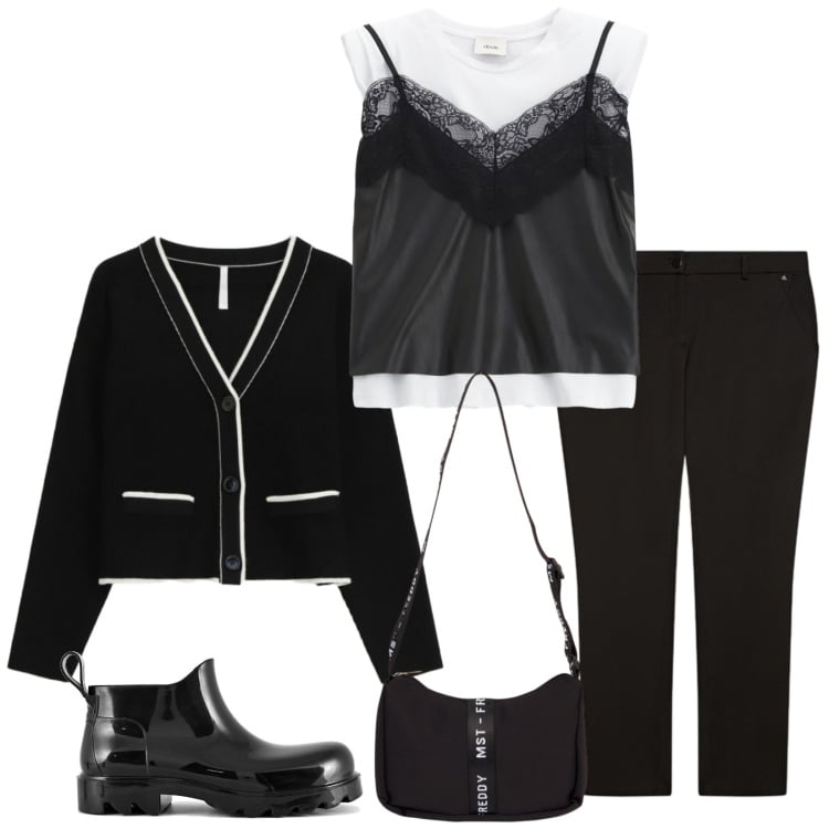 Outfit donna - Total look #2360641. Stile Chic per Serata fuori. Abbinamento con cardigans, pantaloni, top, borse a tracolla, stivali.