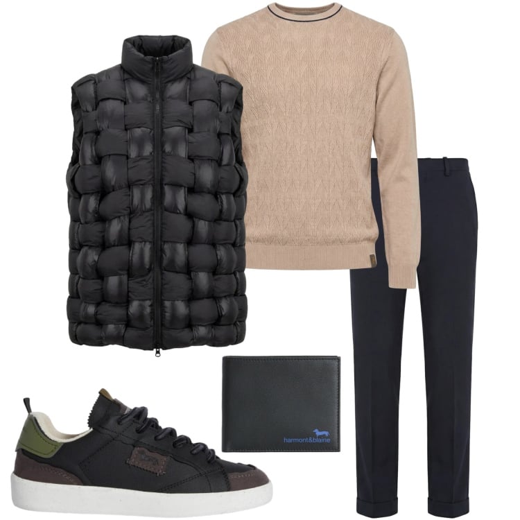 Outfit uomo - Marzo coda d\'inverno. Stile Urban per Tutti i giorni. Abbinamento con pantaloni chino, sneakers, portafogli, maglieria, gilet.