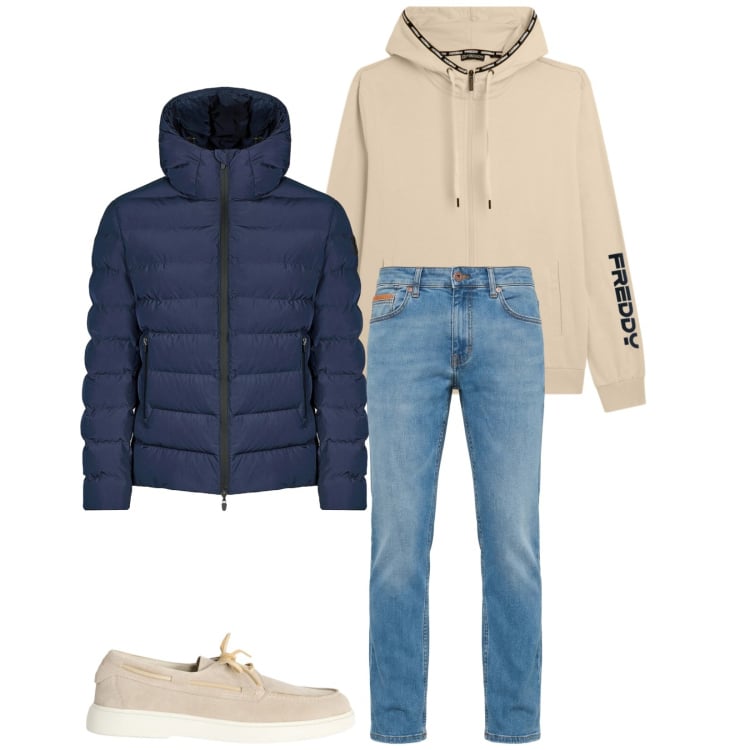 Outfit uomo - Total look #2360653. Stile Urban per Tutti i giorni. Abbinamento con scarpe stringate, jeans, felpe con cappuccio, bomber.