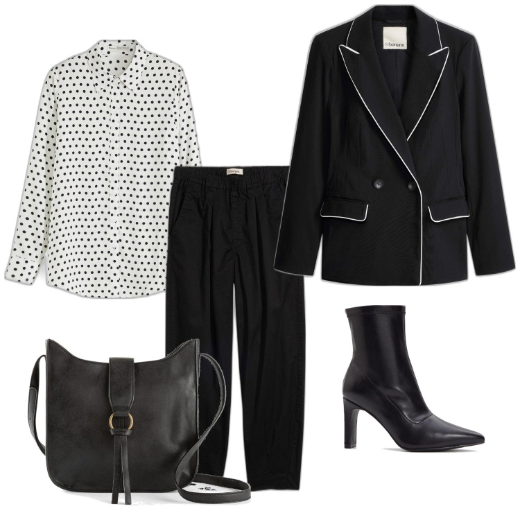 Outfit femme - Petits pois. Style Casual chic pour Bureau. Assortir avec chemisiers, sacs en bandoulière, bottines, blazers, pantalon .