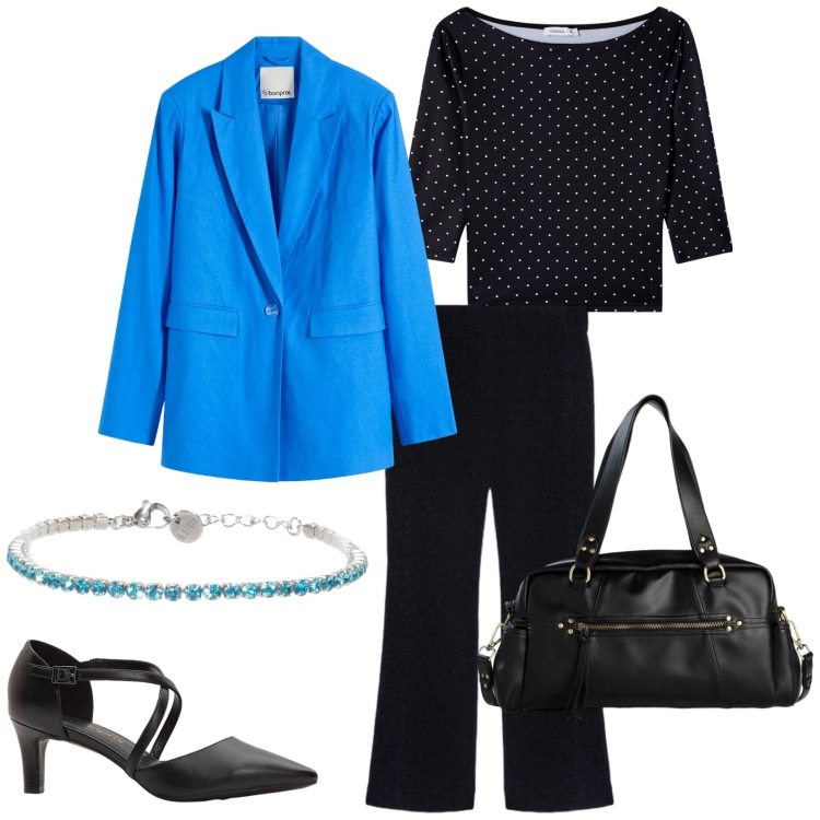 Outfit donna - Total look #2360658. Stile Bon Ton per Ufficio. Abbinamento con blazer, décolleté, borse a mano, t-shirt, pantaloni, braccialetti.
