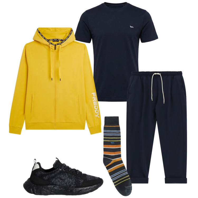 Outfit uomo - Casual style. Stile Casual per Tutti i giorni. Abbinamento con calzini, sneakers, t-shirt, pantaloni sportivi, felpe con cappuccio.