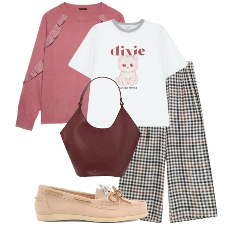 Outfit donna - Felpa con rouches. Stile Urban per Tutti i giorni. Abbinamento con pantaloni a palazzo, maglieria, t-shirt, borse a spalla, mocassini.