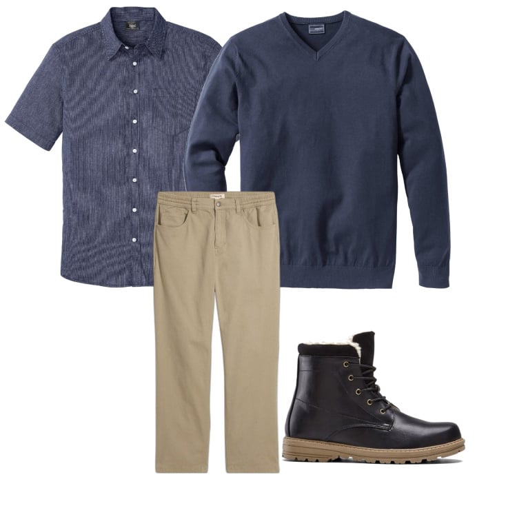 Outfit homme - Marine et beige. Style Urban pour Bureau. Assortir avec pulls, bottes, chemises à manches courtes, pantalon .