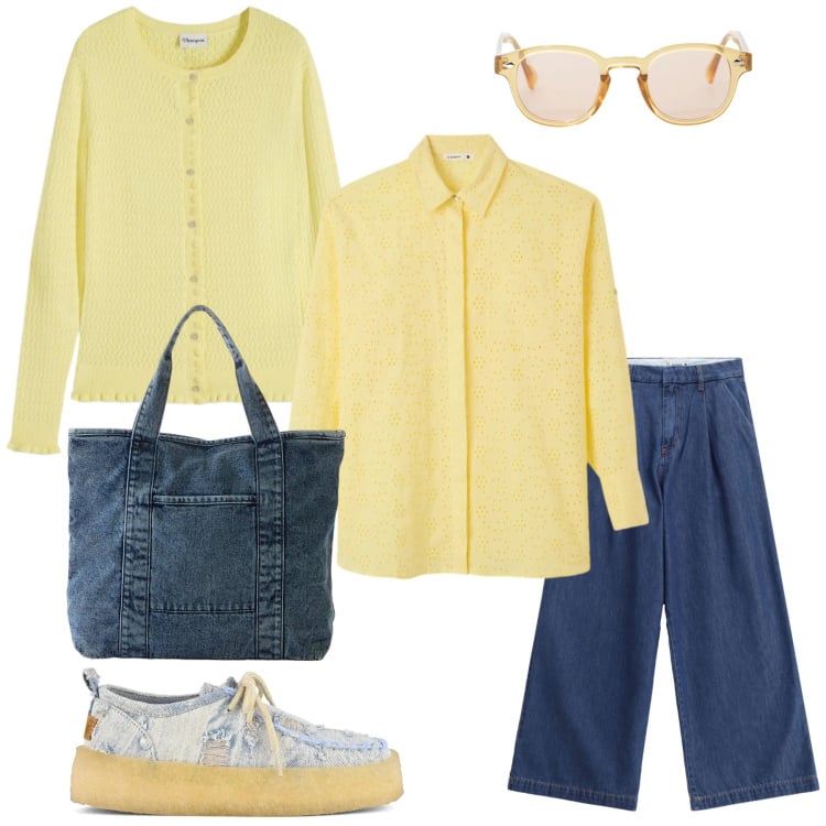 Outfit donna - Primavera in giallo e blu. Stile Casual chic per Tutti i giorni. Abbinamento con shopping bag, cardigans, camicie, occhiali da sole, jeans, scarpe stringate.