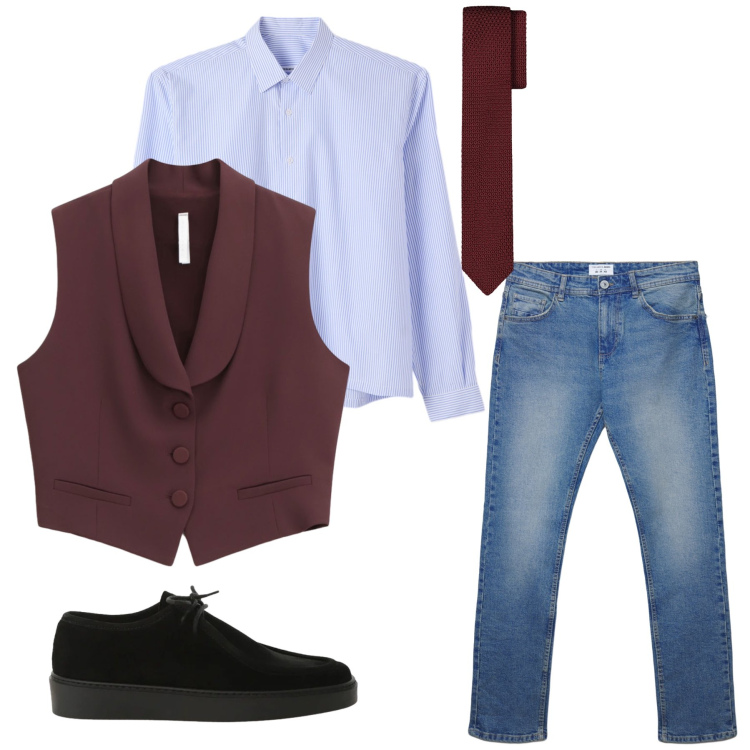 Outfit uomo - Urban Dandy in Burgundy. Stile Casual per Tutti i giorni. Abbinamento con scarpe stringate, gilet, jeans dritti, camicie, cravatte.