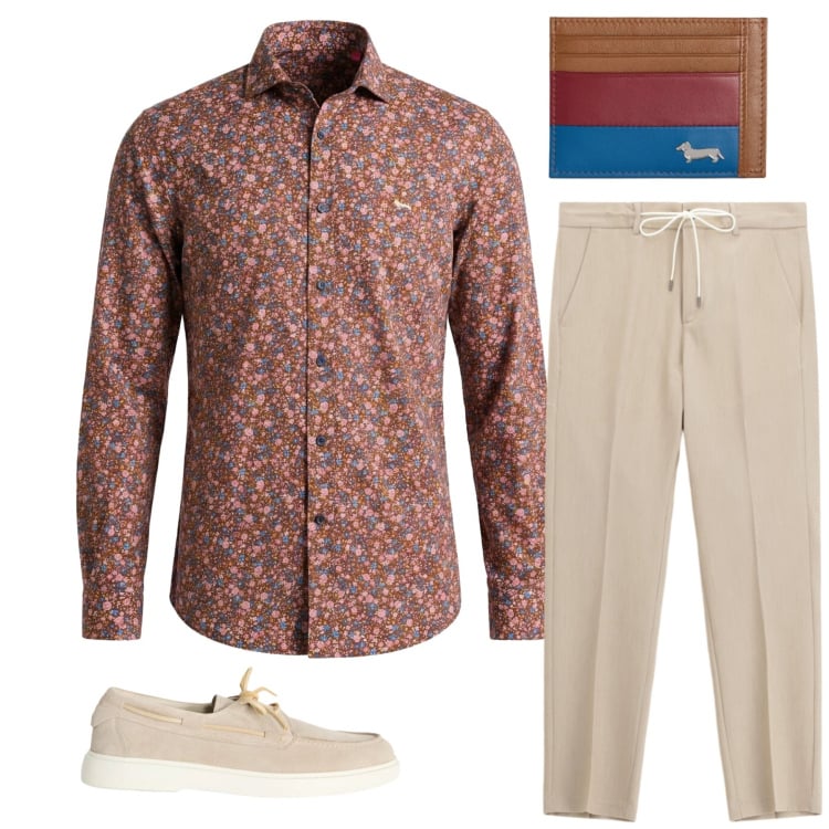 Outfit uomo - Riviera Bloom & Earth Tones. Stile Trendy per Tutti i giorni. Abbinamento con scarpe stringate, camicie, portafogli, pantaloni.