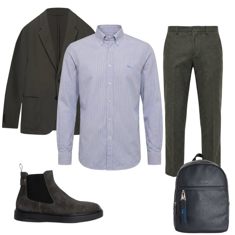 Outfit uomo - Metropolitan Forest & Grey. Stile Urban per Tutti i giorni. Abbinamento con stivali e stivaletti, pantaloni chino, camicie, borse sportive, giacche.