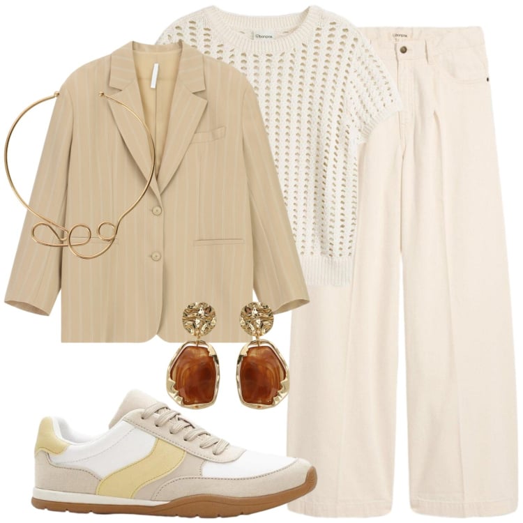 Outfit donna - Vado a casa da amici. Stile Casual chic per Tutti i giorni. Abbinamento con jeans, sneakers, bluse, blazer, collane, orecchini.