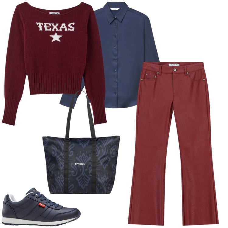 Outfit donna - Diversamente casual. Stile Casual per Tutti i giorni. Abbinamento con sneakers, maglieria, camicie, shopping bag, pantaloni.