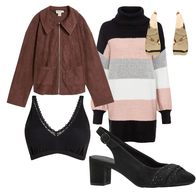 Outfit donna - Casual chic ufficio marzo. Stile Casual chic per Ufficio. Abbinamento con maglieria, cappotti, bralette, décolleté, orecchini.