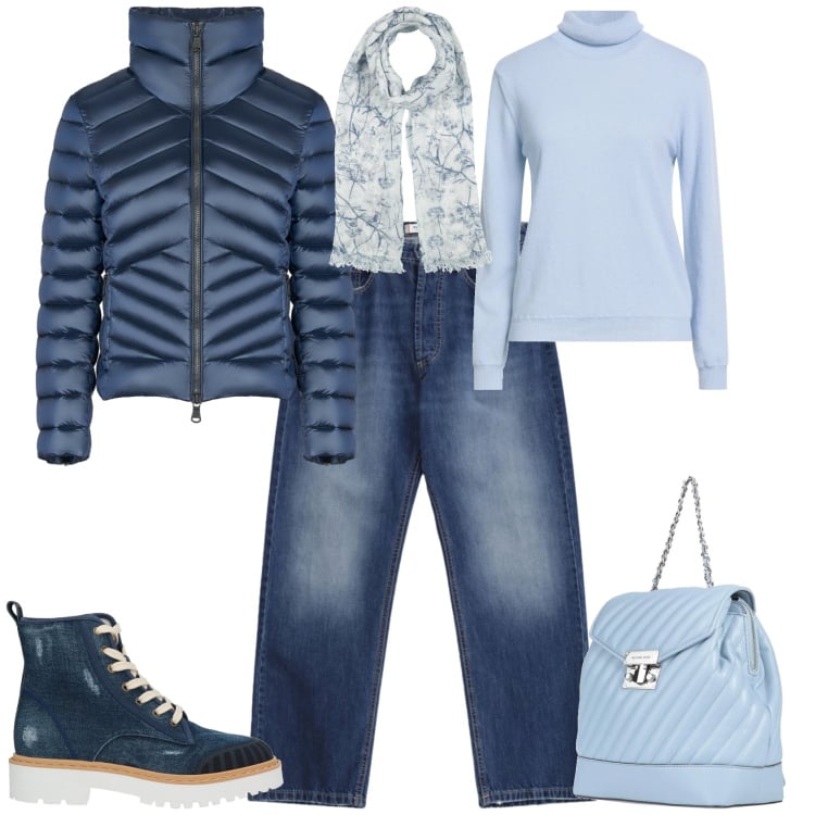 Outfit donna - Urban in città ogni giorno. Stile Urban per Tutti i giorni. Abbinamento con zaini, stivaletti, maglieria, sciarpe, jeans dritti, piumini.