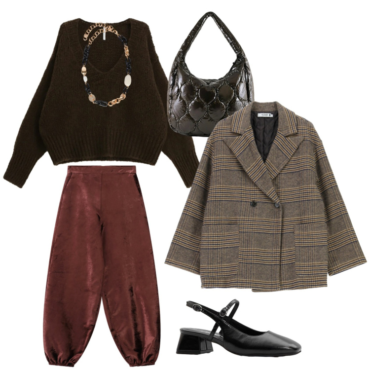 Outfit donna - Autunno dolciastro. Stile Glamour per Tutti i giorni. Abbinamento con décolleté, maglieria, pantaloni a palazzo, collane, cappotti, borse tote.