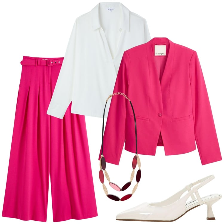 Outfit donna - Pronta per la conferenza. Stile Chic per Ufficio. Abbinamento con pantaloni, décolleté, blazer, camicie, collane.