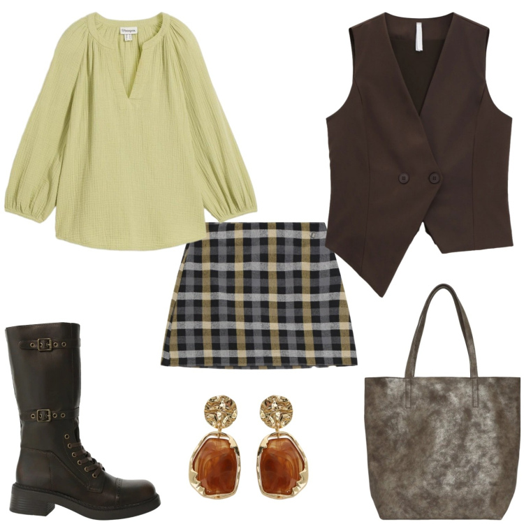 Outfit donna - Uscita pomeridiana. Stile Casual per Tutti i giorni. Abbinamento con bluse, shopping bag, stivali, gilet, minigonne, orecchini.