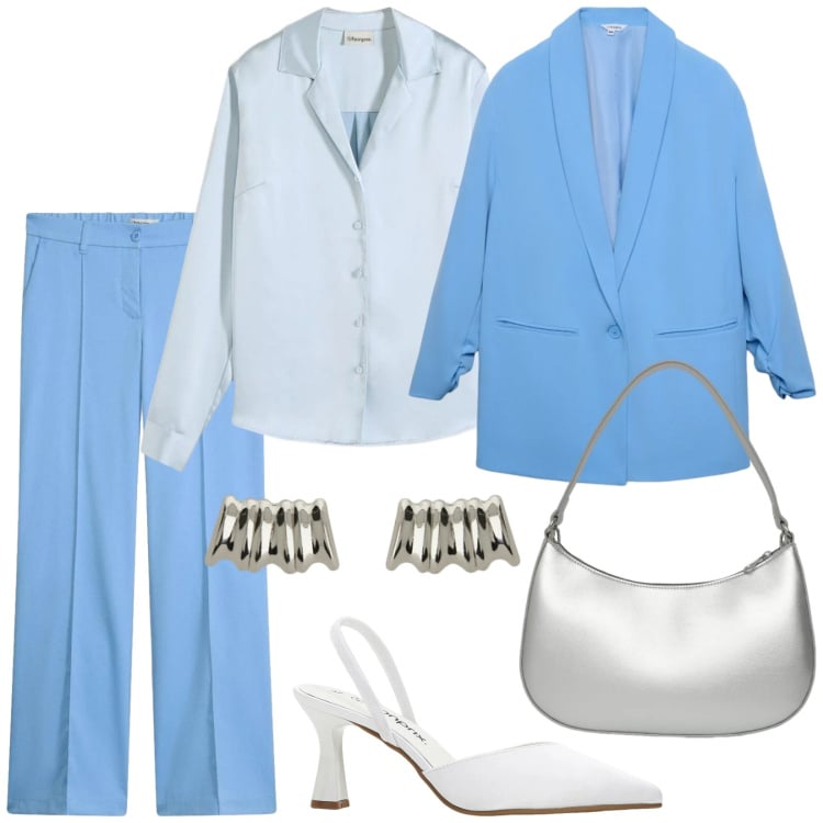 Outfit donna - Total look #2360690. Stile Chic per Ufficio. Abbinamento con décolleté, camicie, pantaloni, borse a tracolla, blazer, orecchini.