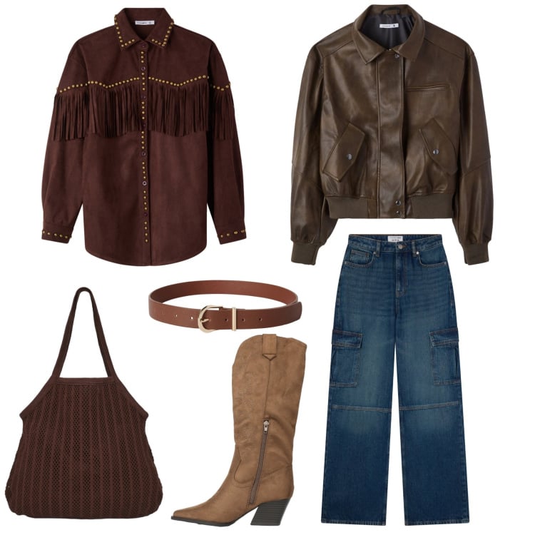 Outfit donna - Contrasti: frange e jeans. Stile Boho per Tutti i giorni. Abbinamento con camicie, shopping bag, giacche, jeans, cinture, stivali.