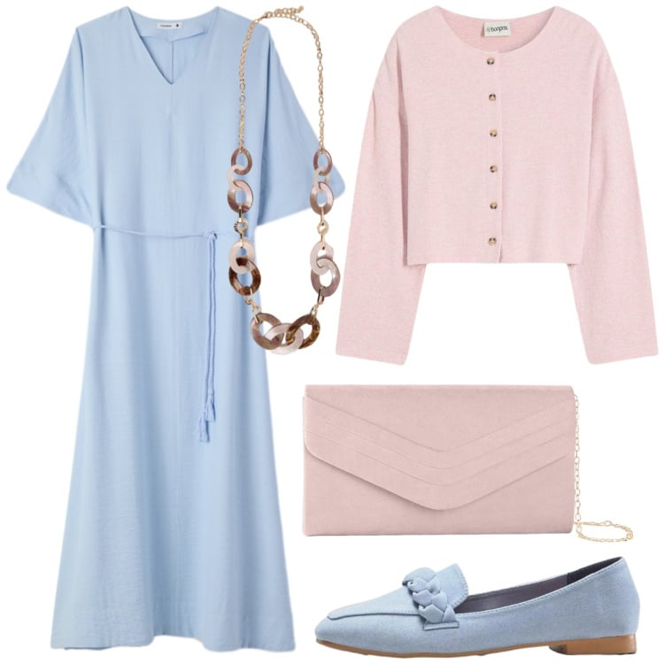 Outfit donna - Colori pastello. Stile Romantica per Tutti i giorni. Abbinamento con pochette, mocassini, cardigans, vestiti lunghi, collane.