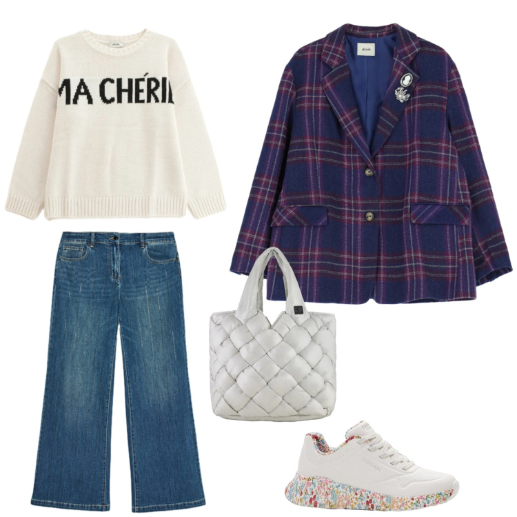 Outfit donna - What a city day!. Stile Casual per Tutti i giorni. Abbinamento con sneakers, jeans dritti, blazer, maglieria, borse tote.