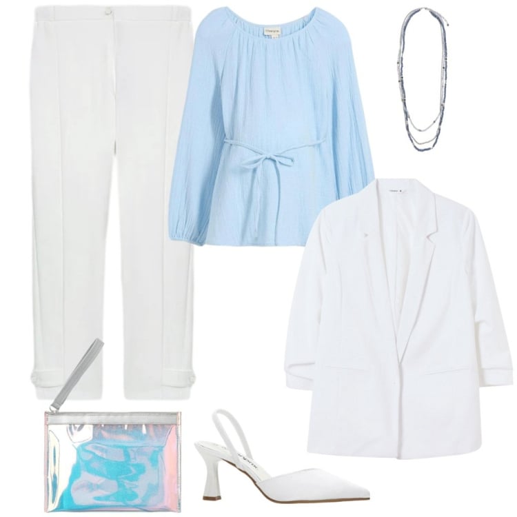 Outfit donna - Sarà: la madrina. Stile Bon Ton per Cerimonia. Abbinamento con décolleté, bluse, blazer, pochette, collane, pantaloni.