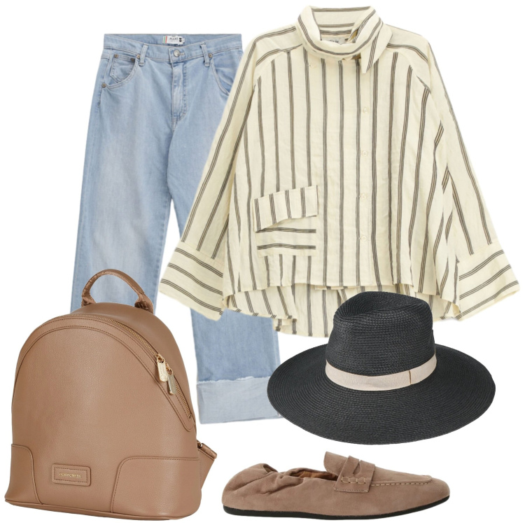 Outfit donna - Causal con stile. Stile Casual chic per Tutti i giorni. Abbinamento con zaini, cappelli, camicie, mocassini, jeans dritti.