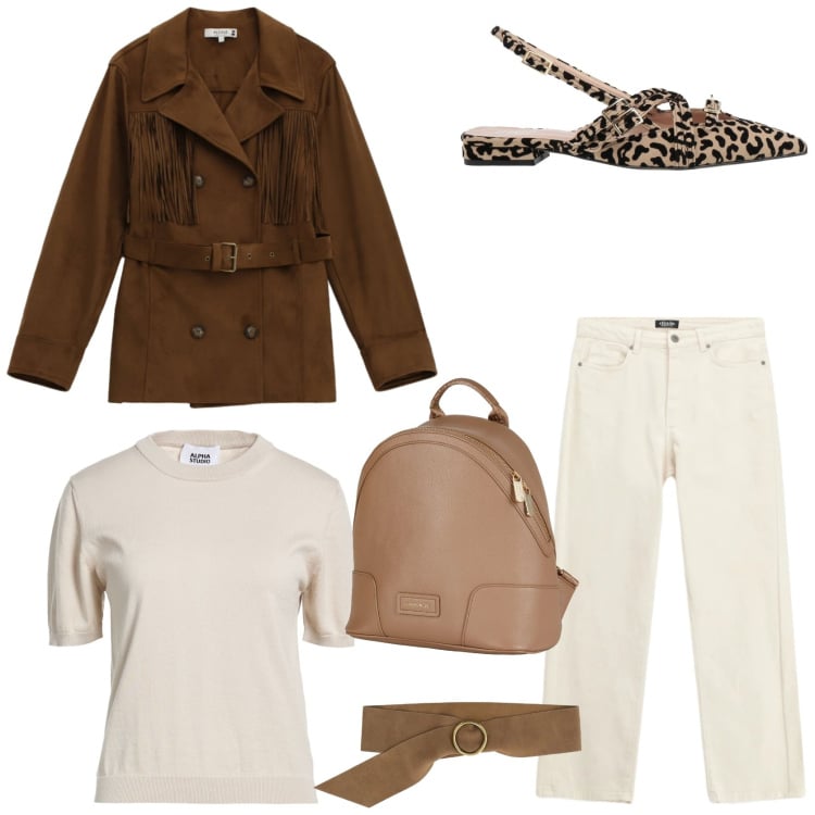 Outfit donna - Il trench con le frange. Stile Trendy per Tutti i giorni. Abbinamento con zaini, pullovers, ballerine, jeans dritti, cinture, trench.