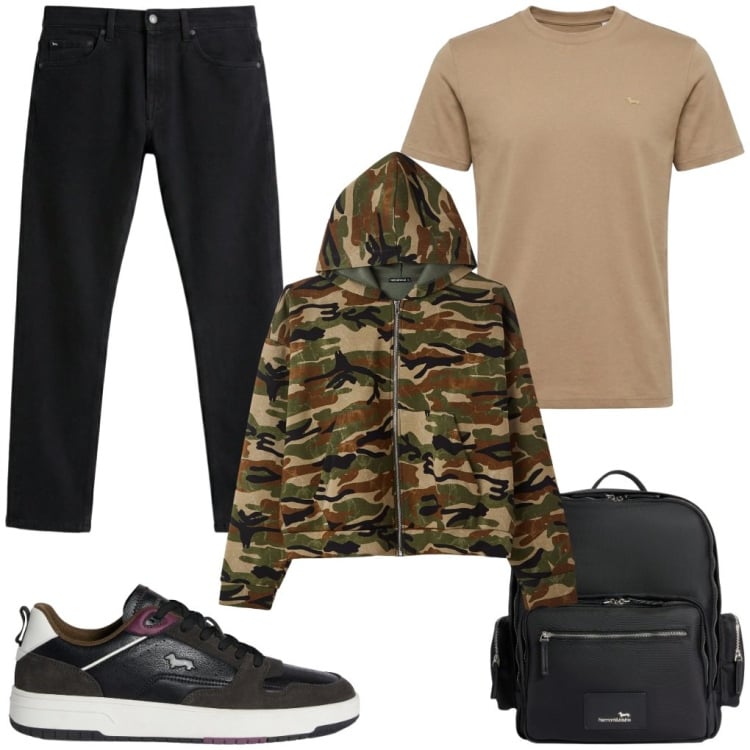 Outfit uomo - Mirco: mimetica per scelta. Stile Biker Rock per Tutti i giorni. Abbinamento con jeans, sneakers, t-shirt, borse sportive, felpe con cappuccio.