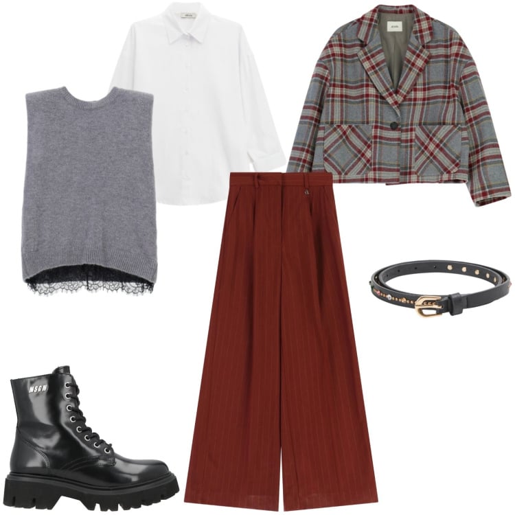 Outfit donna - Ultimi giorni di freddo. Stile Casual per Tutti i giorni. Abbinamento con anfibi, cinture, camicie, maglieria, blazer, pantaloni a palazzo.