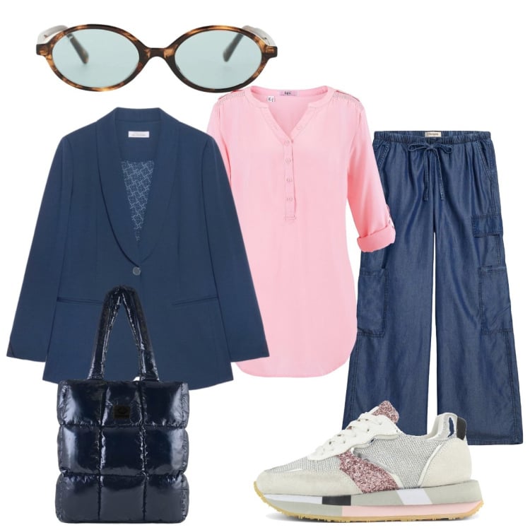 Outfit donna - In città. Stile Casual chic per Tutti i giorni. Abbinamento con tuniche, pantaloni, occhiali da sole, blazer, shopping bag, sneakers.
