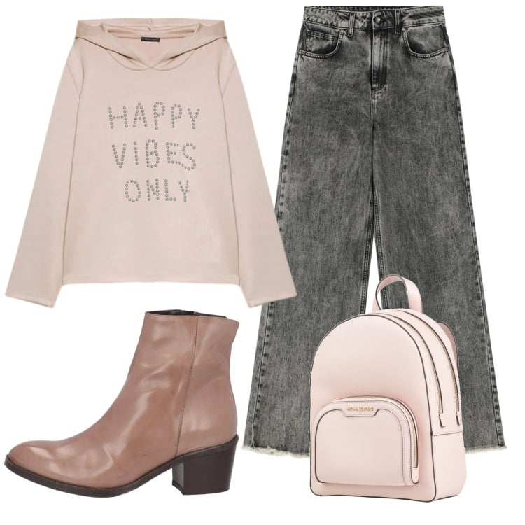 Outfit donna - Total look #2360723. Stile Casual per Scuola/Università. Abbinamento con zaini, stivaletti, felpe con cappuccio, jeans.