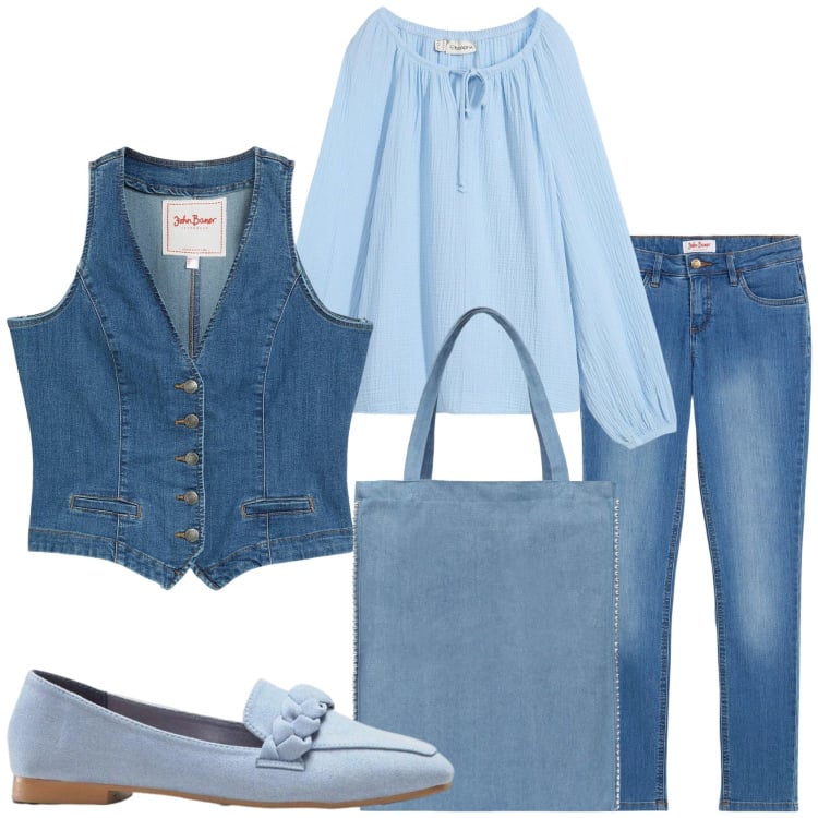 Outfit donna - Aprile che mi metto?. Stile Trendy per Tutti i giorni. Abbinamento con gilet, jeans skinny, bluse, mocassini, borse tote.