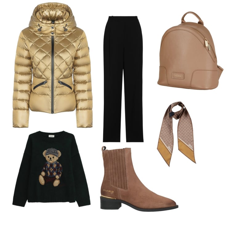 Outfit donna - Sportiva con classe. Abbinamento con pantaloni, zaini, sciarpe, stivaletti chelsea, maglieria, piumini.