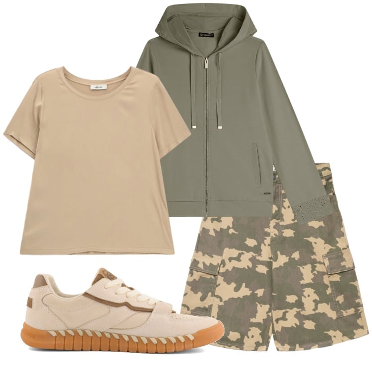 Outfit donna - Total look #2360731. Stile Casual per Tutti i giorni. Abbinamento con pantaloni corti, t-shirt, felpe con cappuccio, sneakers.